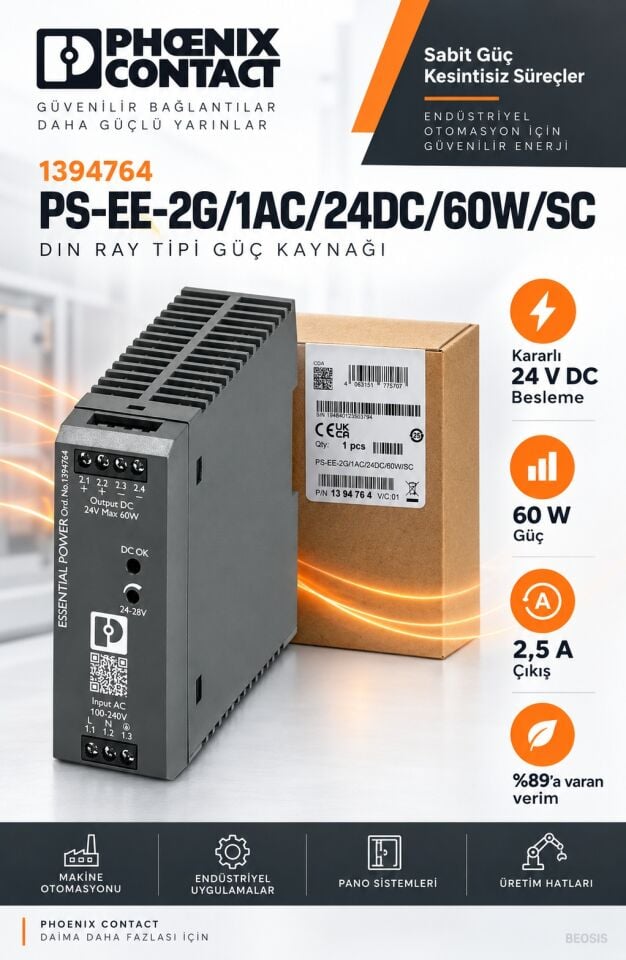 Phoenix Contact 1394764 PS-EE-2G/1AC/24DC/60W/SC 24 V DC 2,5 A DIN Ray Güç Kaynağı