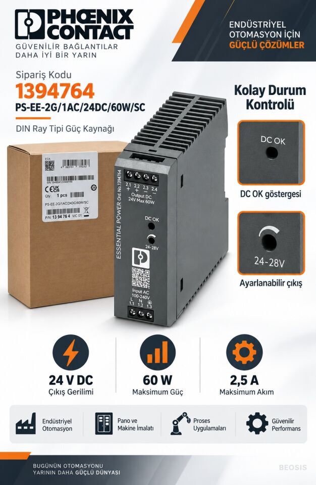Phoenix Contact 1394764 PS-EE-2G/1AC/24DC/60W/SC 24 V DC 2,5 A DIN Ray Güç Kaynağı