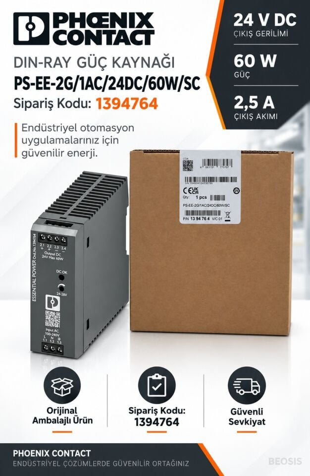 Phoenix Contact 1394764 PS-EE-2G/1AC/24DC/60W/SC 24 V DC 2,5 A DIN Ray Güç Kaynağı