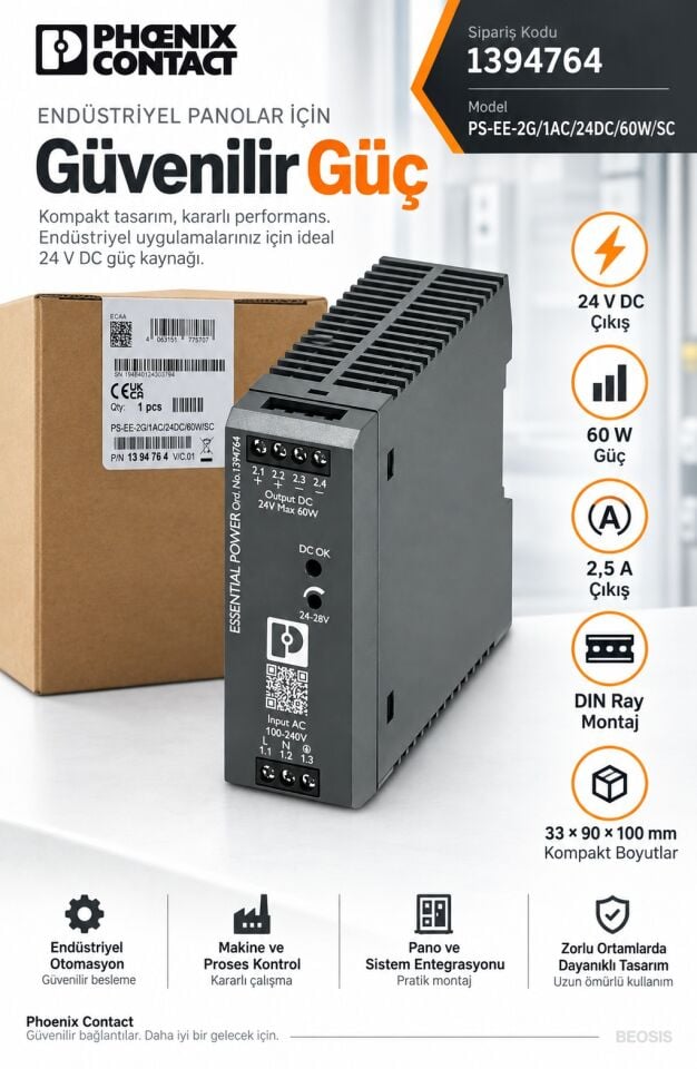 Phoenix Contact 1394764 PS-EE-2G/1AC/24DC/60W/SC 24 V DC 2,5 A DIN Ray Güç Kaynağı