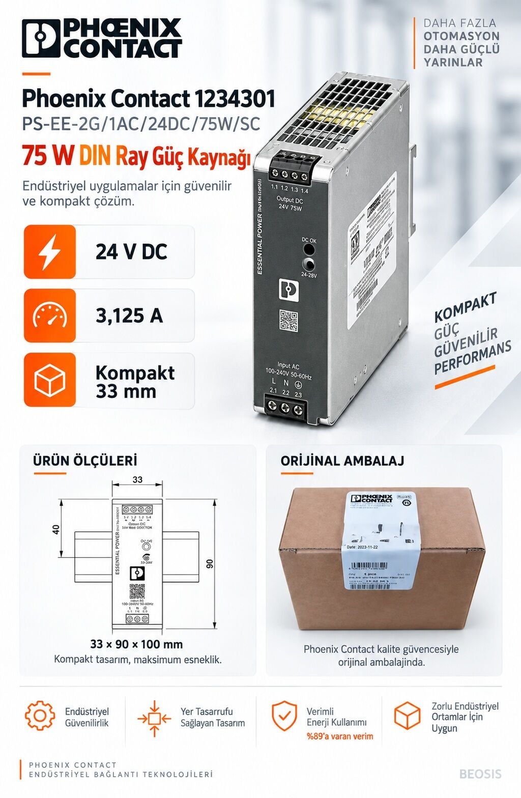 Phoenix Contact 1234301 PS-EE-2G/1AC/24DC/75W/SC 24 V DC 3,125 A DIN Ray Güç Kaynağı