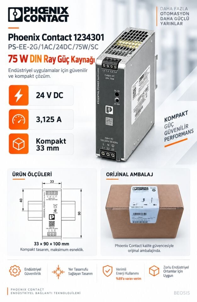 Phoenix Contact 1234301 PS-EE-2G/1AC/24DC/75W/SC 24 V DC 3,125 A DIN Ray Güç Kaynağı