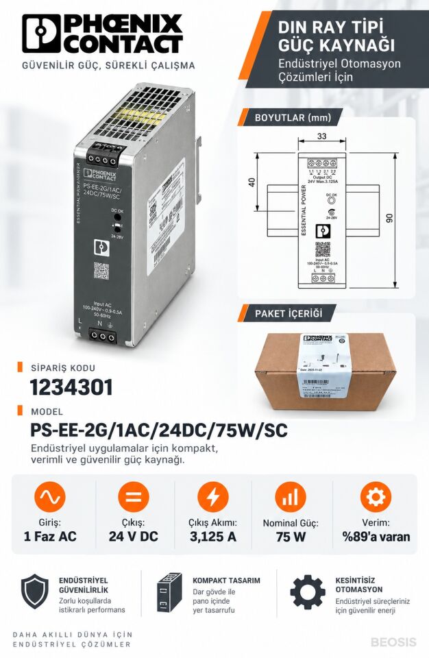 Phoenix Contact 1234301 PS-EE-2G/1AC/24DC/75W/SC 24 V DC 3,125 A DIN Ray Güç Kaynağı