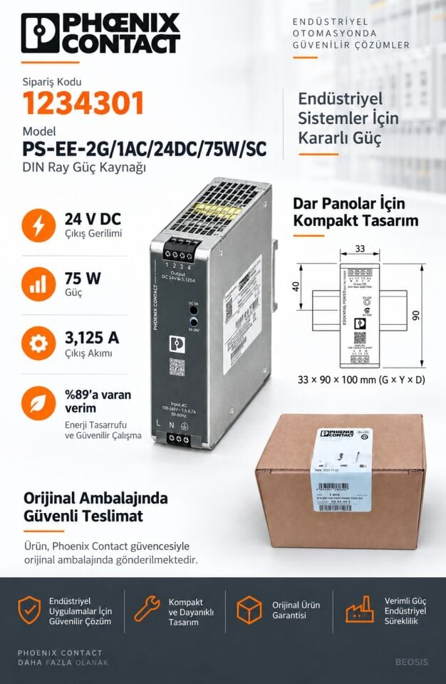 Phoenix Contact 1234301 PS-EE-2G/1AC/24DC/75W/SC 24 V DC 3,125 A DIN Ray Güç Kaynağı