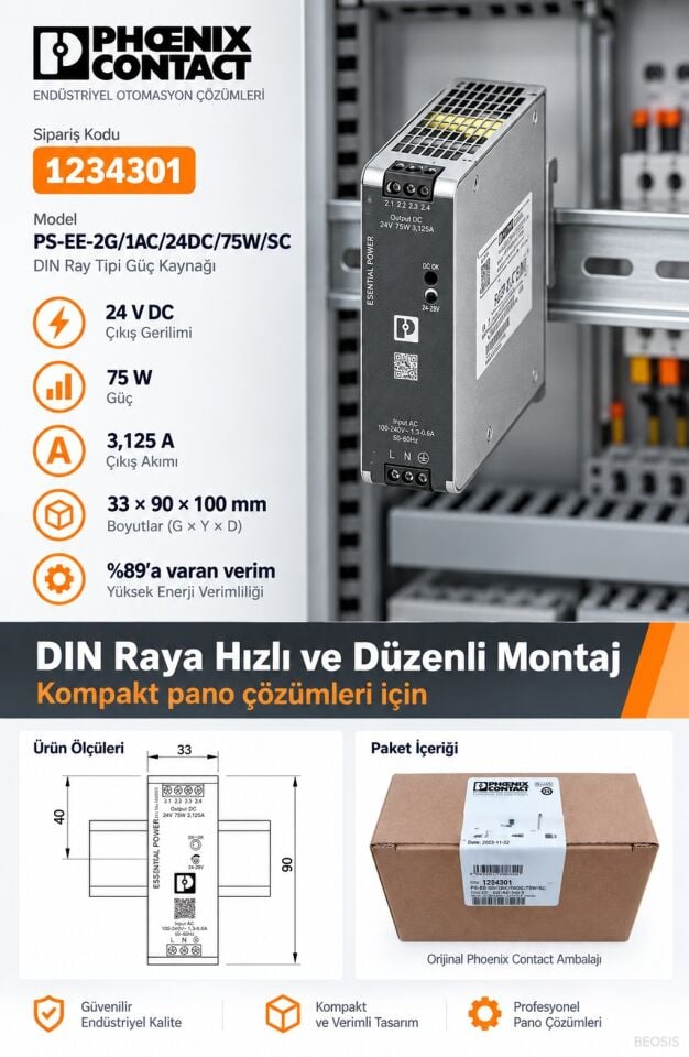Phoenix Contact 1234301 PS-EE-2G/1AC/24DC/75W/SC 24 V DC 3,125 A DIN Ray Güç Kaynağı