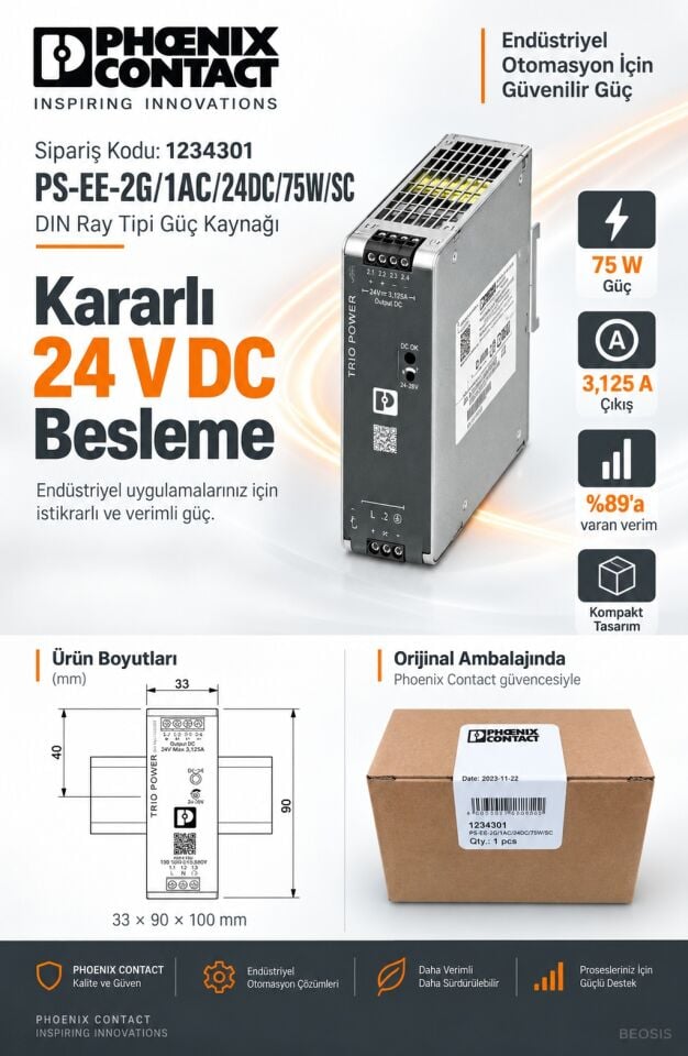 Phoenix Contact 1234301 PS-EE-2G/1AC/24DC/75W/SC 24 V DC 3,125 A DIN Ray Güç Kaynağı