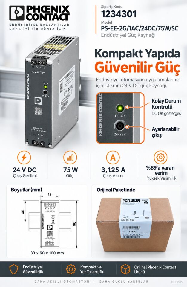 Phoenix Contact 1234301 PS-EE-2G/1AC/24DC/75W/SC 24 V DC 3,125 A DIN Ray Güç Kaynağı