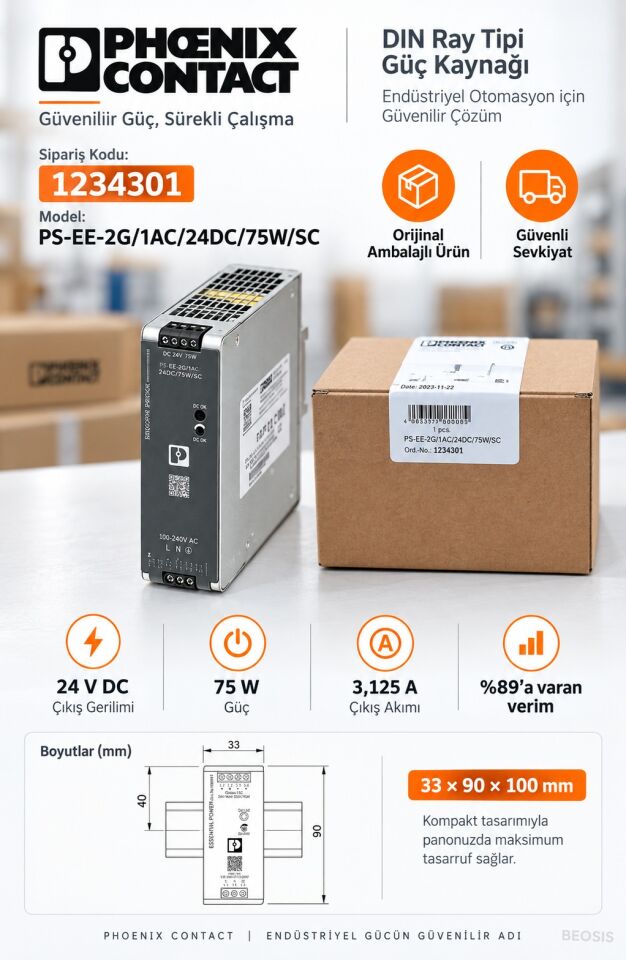 Phoenix Contact 1234301 PS-EE-2G/1AC/24DC/75W/SC 24 V DC 3,125 A DIN Ray Güç Kaynağı