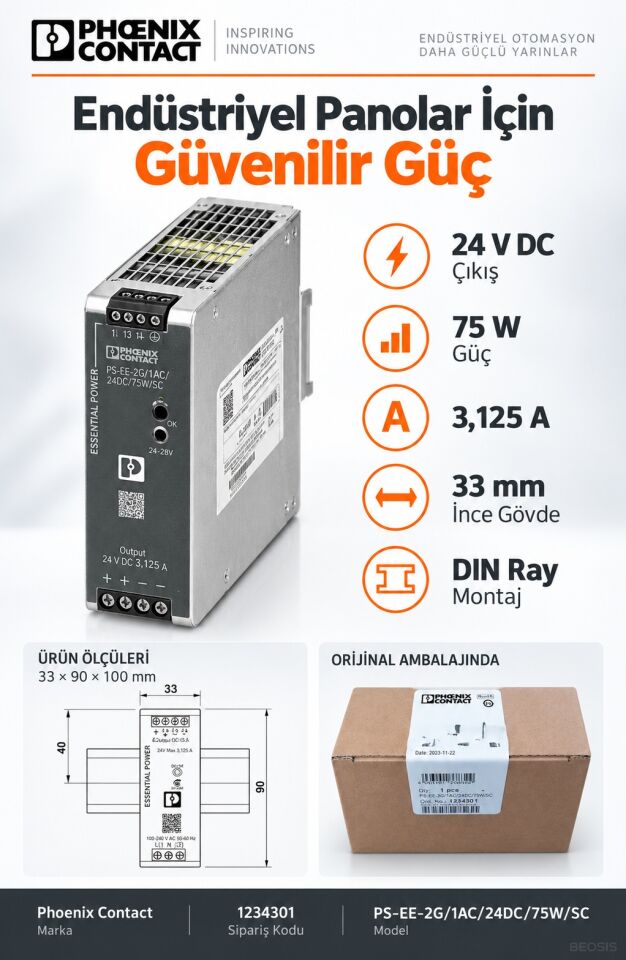 Phoenix Contact 1234301 PS-EE-2G/1AC/24DC/75W/SC 24 V DC 3,125 A DIN Ray Güç Kaynağı