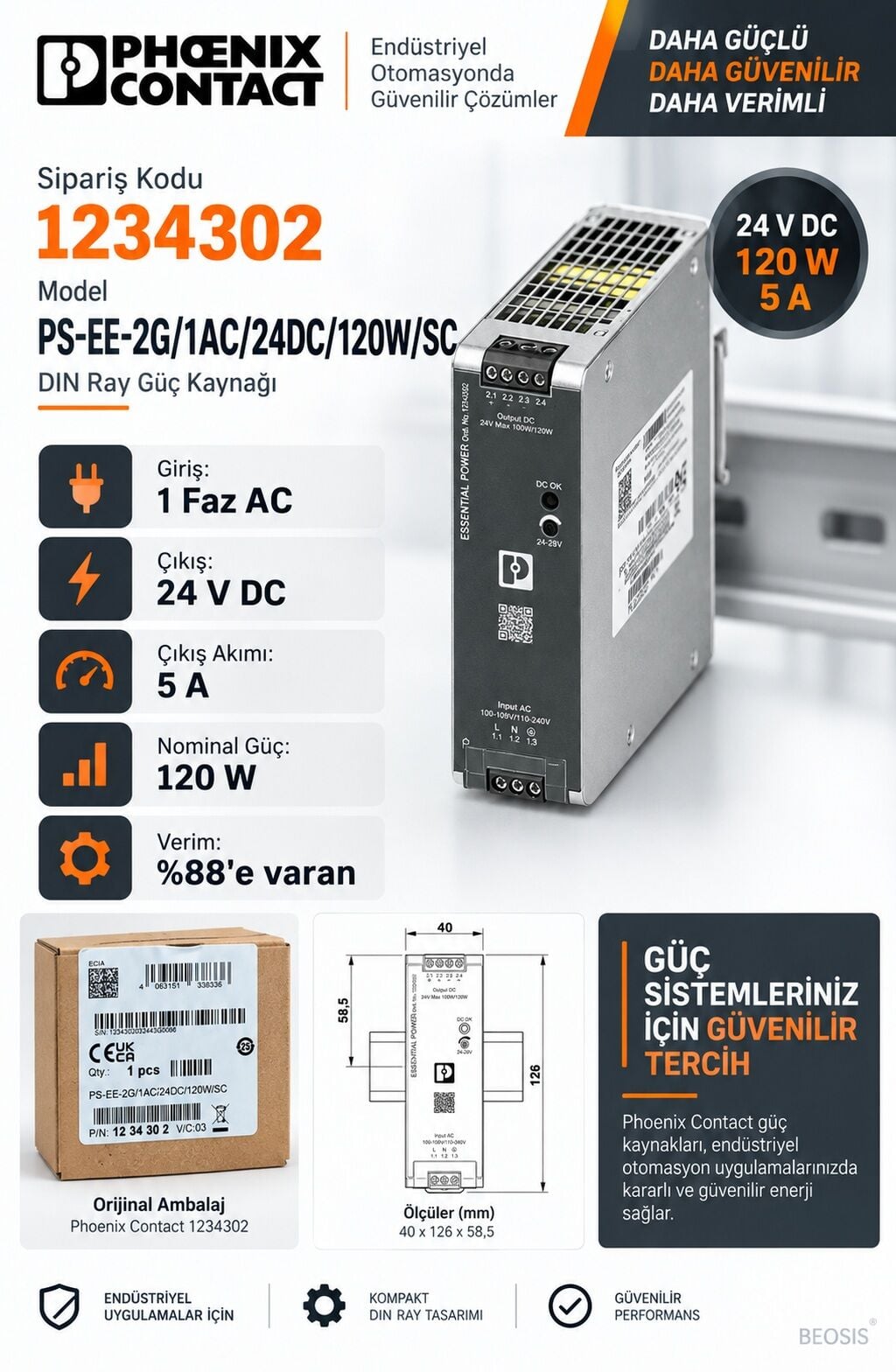 Phoenix Contact 1234302 PS-EE-2G/1AC/24DC/120W/SC 24 V DC 5 A DIN Ray Güç Kaynağı