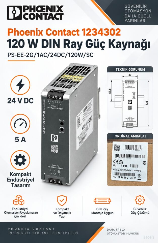 Phoenix Contact 1234302 PS-EE-2G/1AC/24DC/120W/SC 24 V DC 5 A DIN Ray Güç Kaynağı