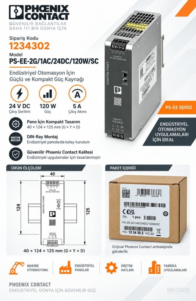 Phoenix Contact 1234302 PS-EE-2G/1AC/24DC/120W/SC 24 V DC 5 A DIN Ray Güç Kaynağı