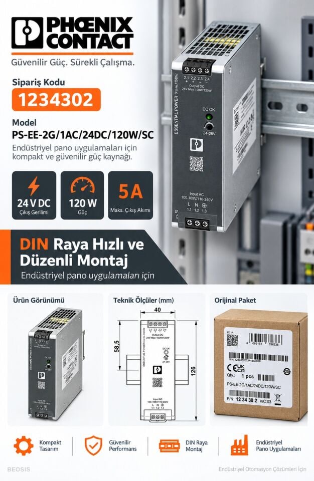 Phoenix Contact 1234302 PS-EE-2G/1AC/24DC/120W/SC 24 V DC 5 A DIN Ray Güç Kaynağı