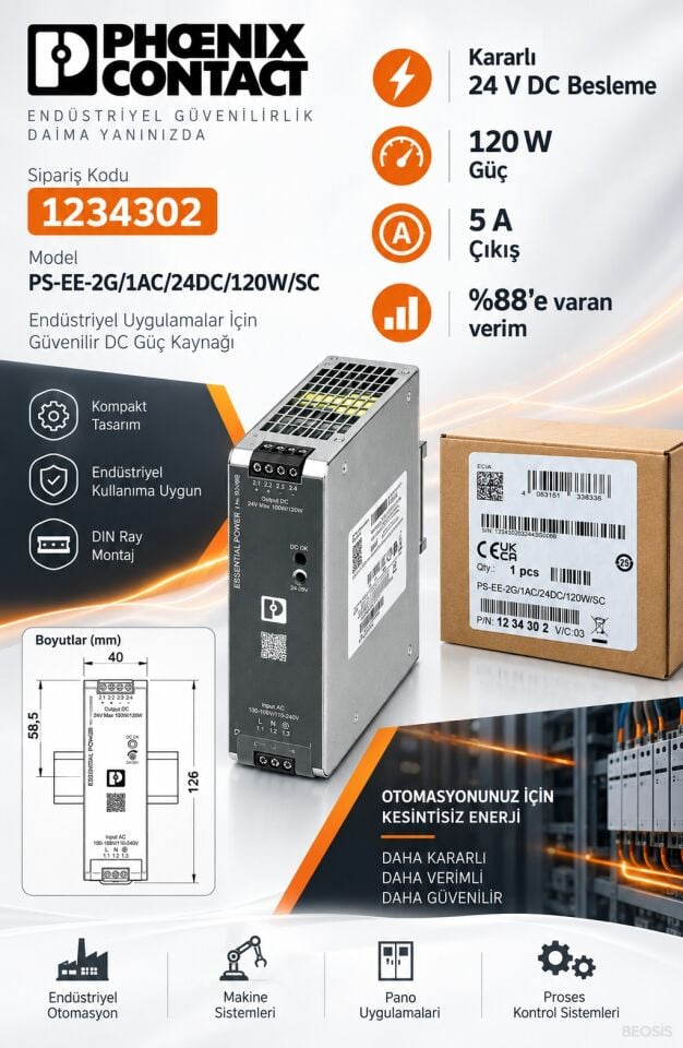 Phoenix Contact 1234302 PS-EE-2G/1AC/24DC/120W/SC 24 V DC 5 A DIN Ray Güç Kaynağı