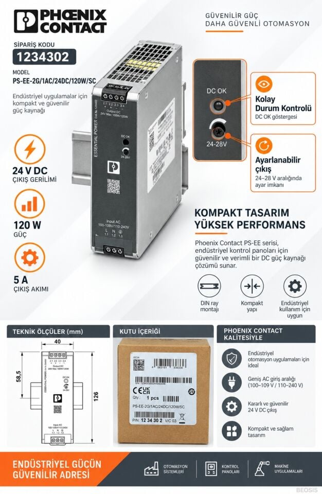 Phoenix Contact 1234302 PS-EE-2G/1AC/24DC/120W/SC 24 V DC 5 A DIN Ray Güç Kaynağı