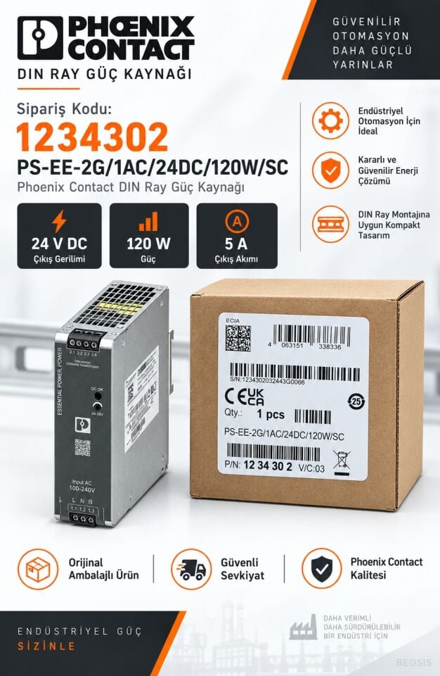 Phoenix Contact 1234302 PS-EE-2G/1AC/24DC/120W/SC 24 V DC 5 A DIN Ray Güç Kaynağı