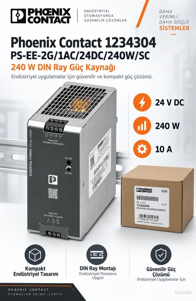 Phoenix Contact 1234304 PS-EE-2G/1AC/24DC/240W/SC 24 V DC 10 A DIN Ray Güç Kaynağı