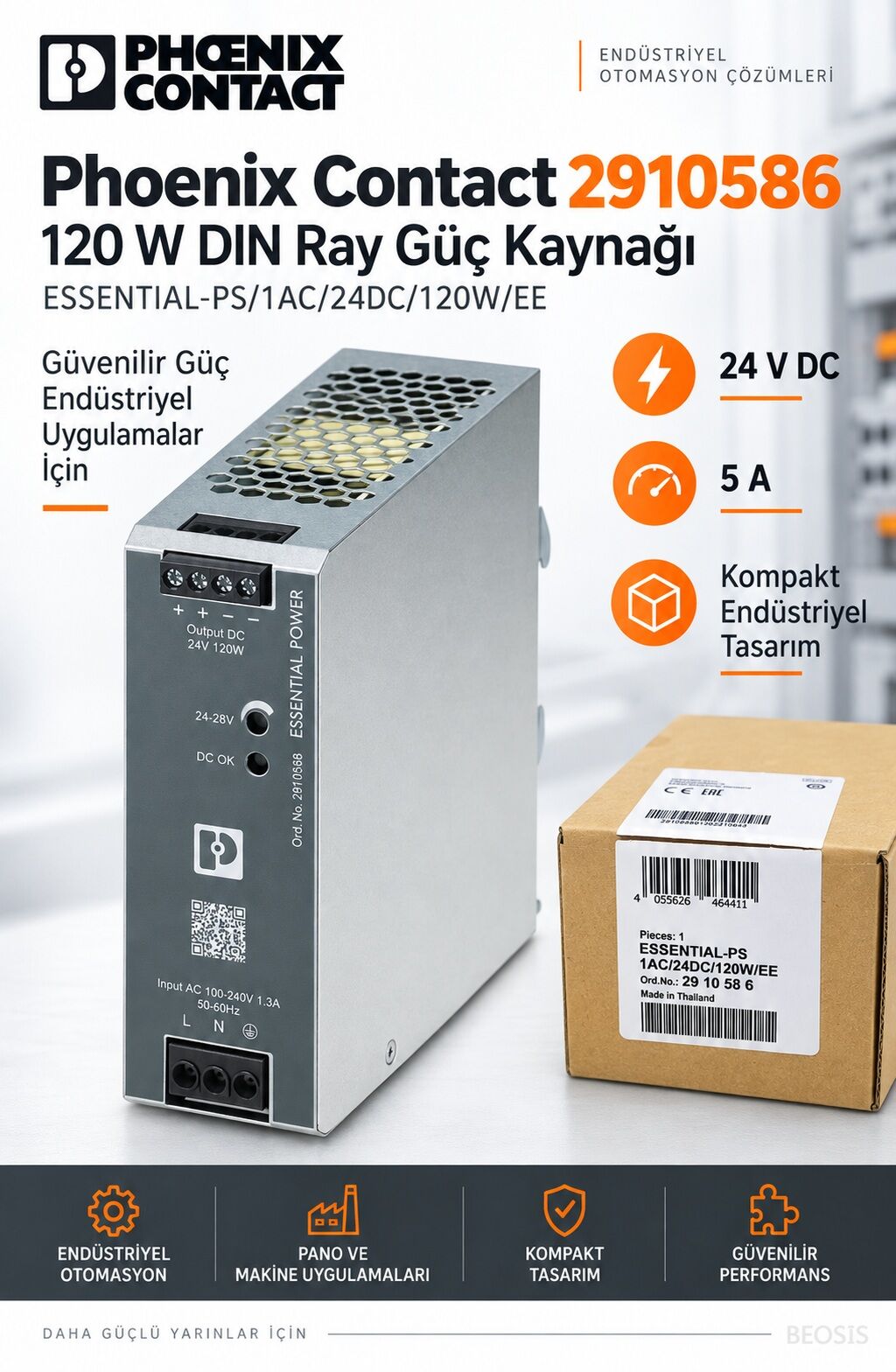 Phoenix Contact 2910586 ESSENTIAL-PS/1AC/24DC/120W/EE 24 V DC 5 A DIN Ray Güç Kaynağı