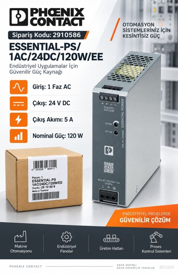 Phoenix Contact 2910586 ESSENTIAL-PS/1AC/24DC/120W/EE 24 V DC 5 A DIN Ray Güç Kaynağı