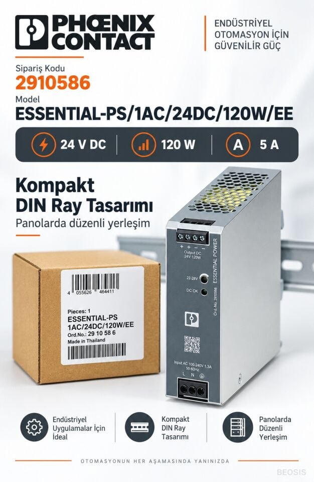 Phoenix Contact 2910586 ESSENTIAL-PS/1AC/24DC/120W/EE 24 V DC 5 A DIN Ray Güç Kaynağı