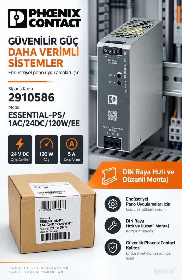 Phoenix Contact 2910586 ESSENTIAL-PS/1AC/24DC/120W/EE 24 V DC 5 A DIN Ray Güç Kaynağı