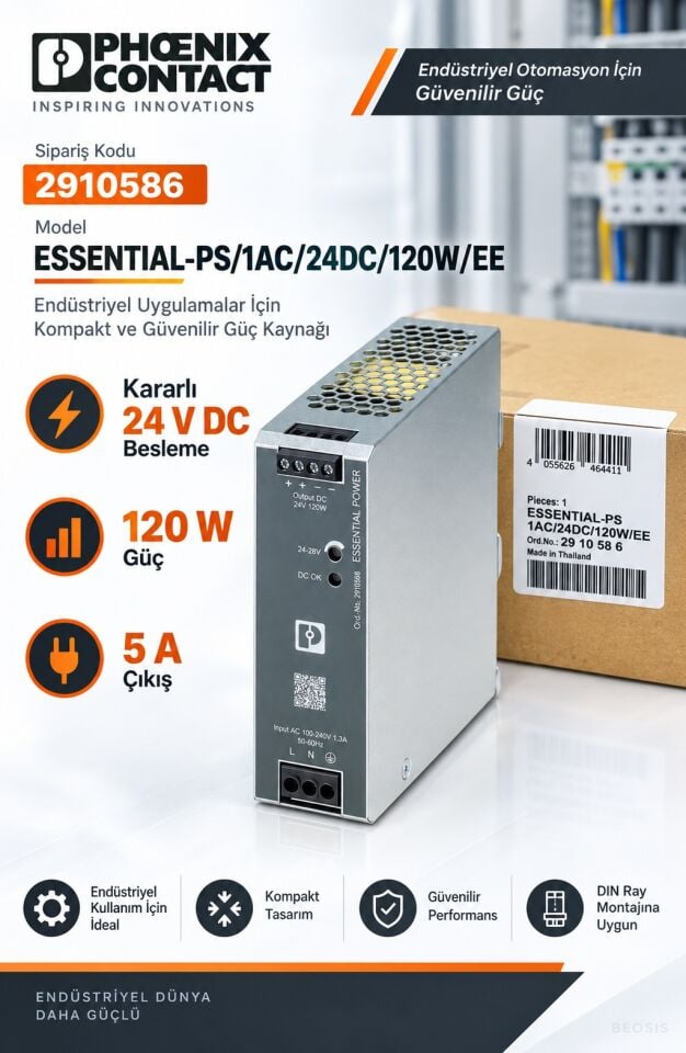Phoenix Contact 2910586 ESSENTIAL-PS/1AC/24DC/120W/EE 24 V DC 5 A DIN Ray Güç Kaynağı
