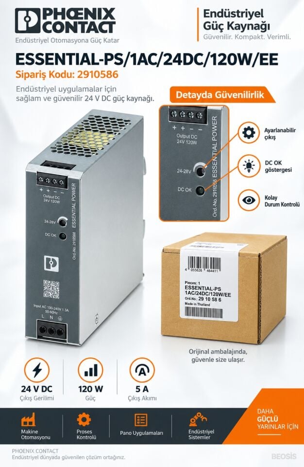 Phoenix Contact 2910586 ESSENTIAL-PS/1AC/24DC/120W/EE 24 V DC 5 A DIN Ray Güç Kaynağı