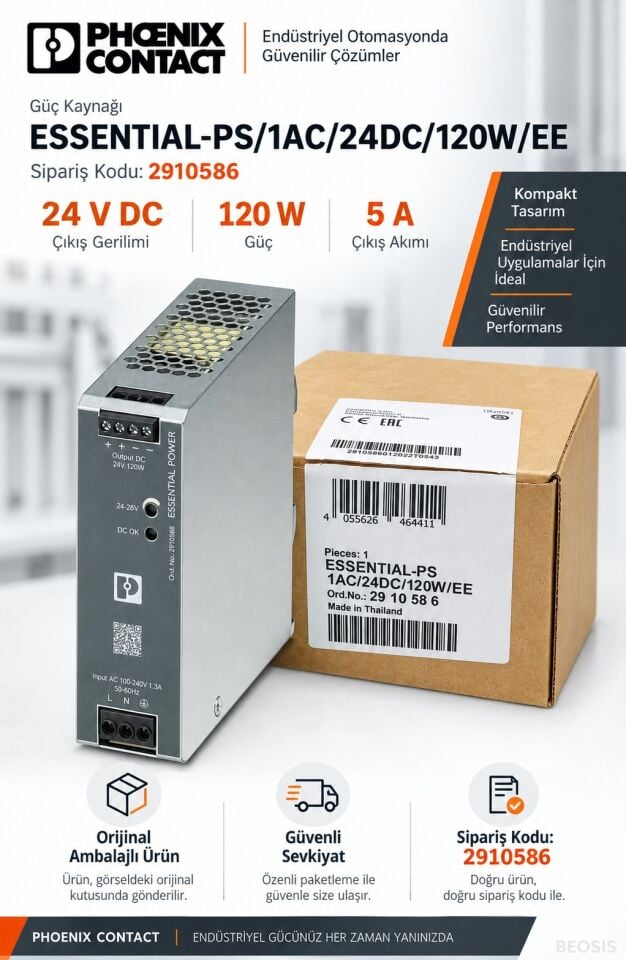 Phoenix Contact 2910586 ESSENTIAL-PS/1AC/24DC/120W/EE 24 V DC 5 A DIN Ray Güç Kaynağı