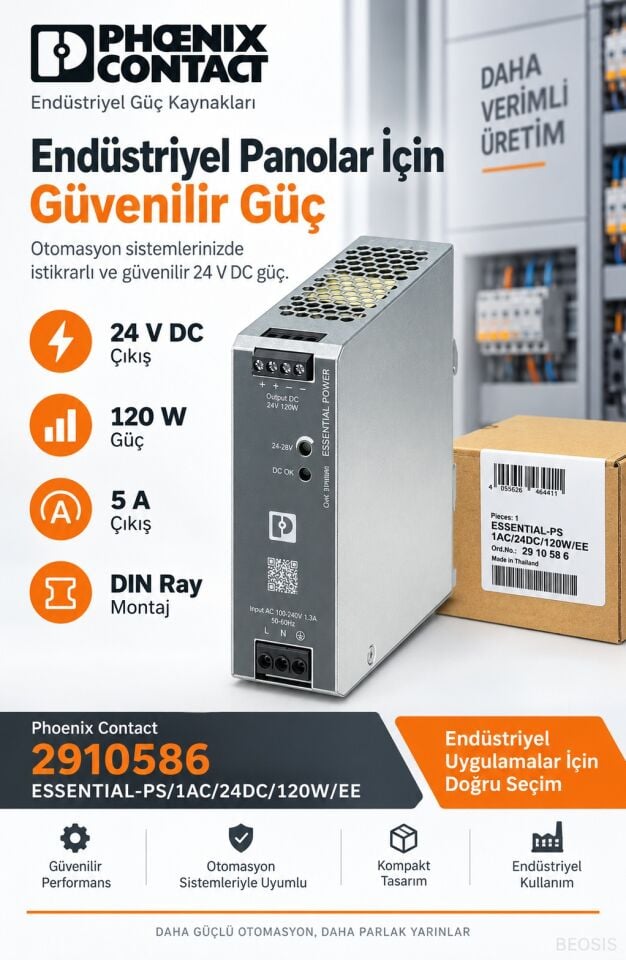 Phoenix Contact 2910586 ESSENTIAL-PS/1AC/24DC/120W/EE 24 V DC 5 A DIN Ray Güç Kaynağı