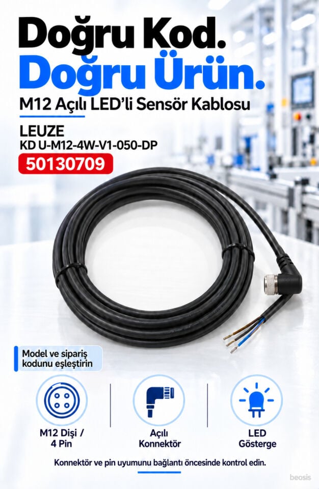 Leuze KD U-M12-4W-V1-050-DP M12 açılı LED’li sensör bağlantı kablosu 50130709