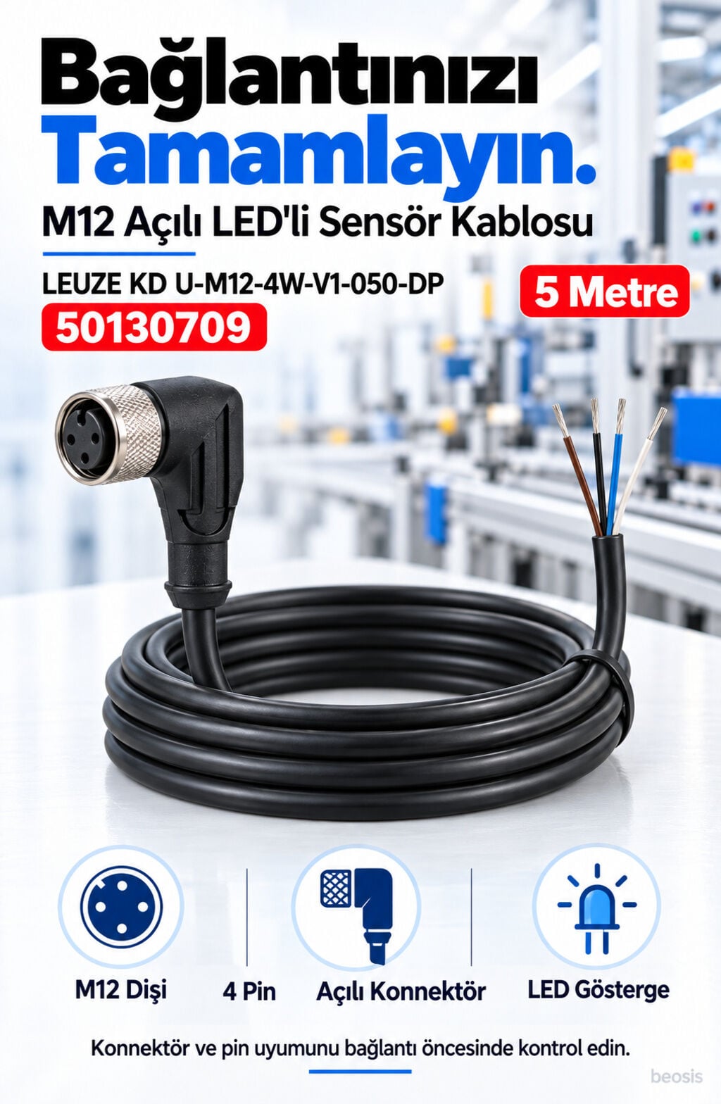 Leuze KD U-M12-4W-V1-050-DP M12 açılı LED’li sensör bağlantı kablosu 50130709