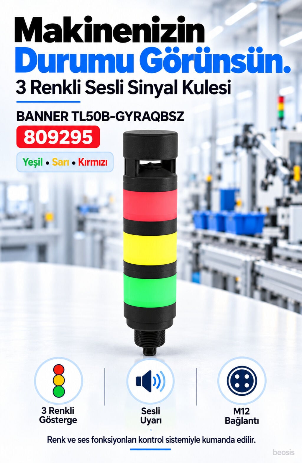 Banner TL50B-GYRAQBSZ 3 renkli sesli LED kolon lamba 809295