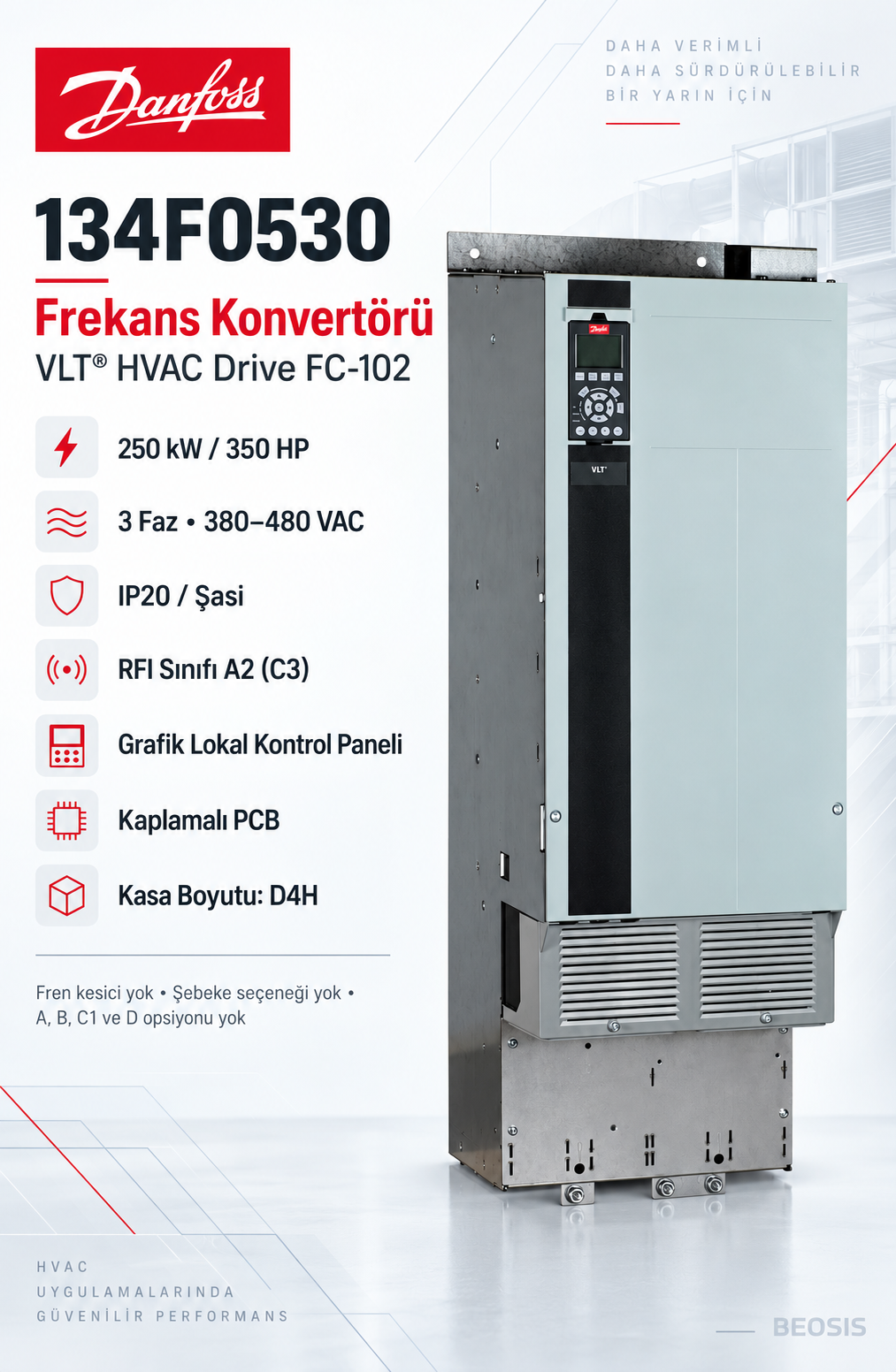 Danfoss VLT HVAC Drive FC‑102 250 kW 380–480 V IP20 Frekans Konvertörü – 134F0530