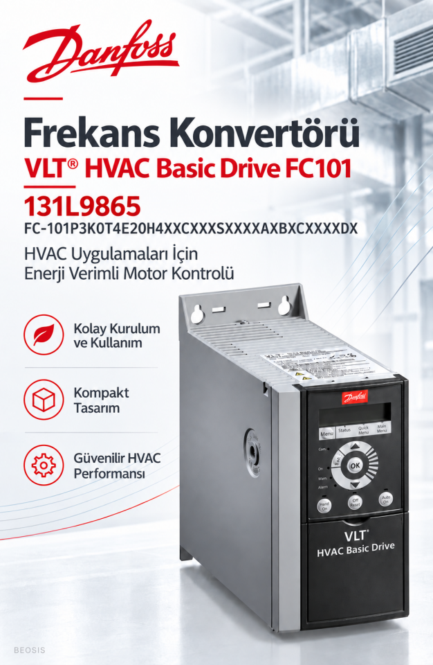 Danfoss 131L9865 VLT HVAC Basic Drive FC-101 3 kW 380–480 V IP20 Frekans Konvertörü – Panelsiz