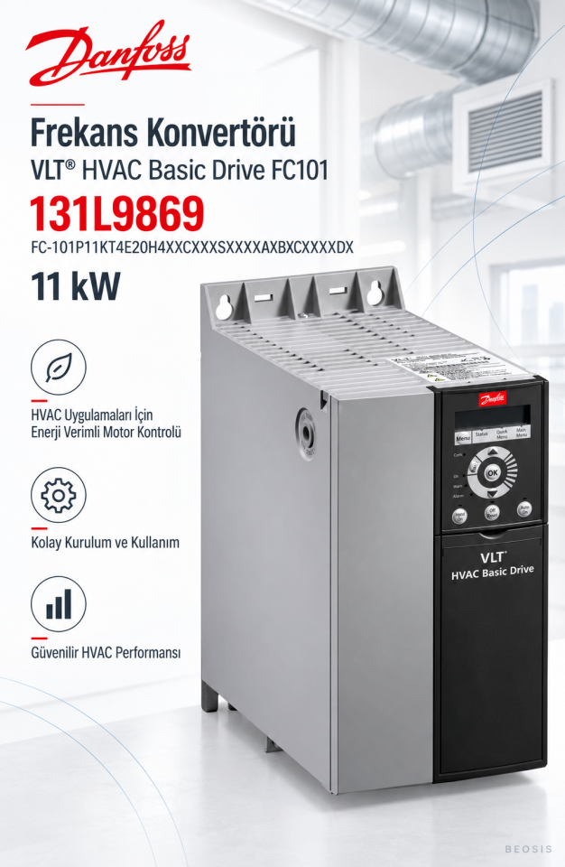Danfoss 131L9869 VLT HVAC Basic Drive FC-101 11 kW 380–480 V IP20 Frekans Konvertörü – Panelsiz