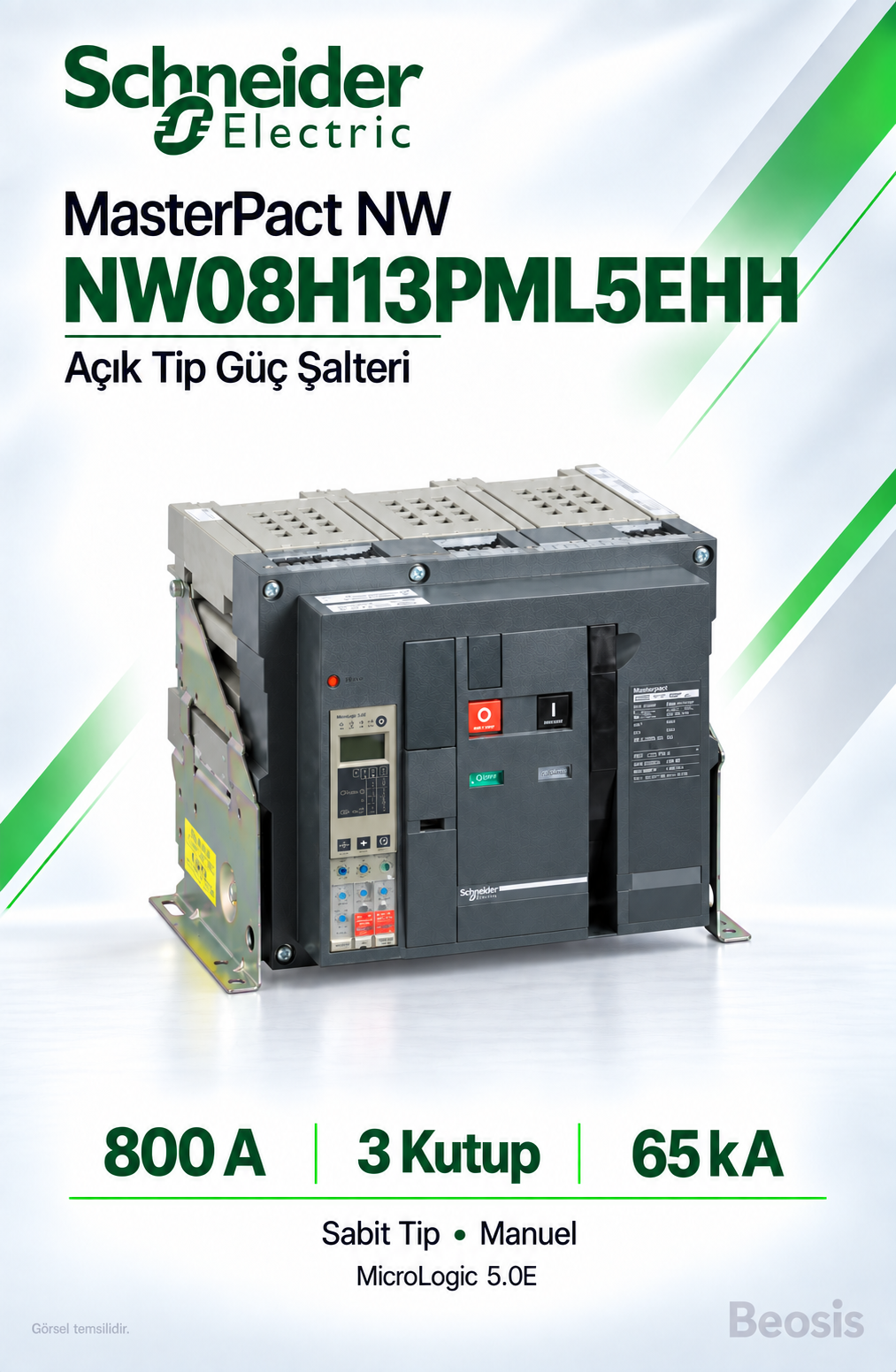 Schneider Electric NW08H13PML5EHH 800A 3P 65kA MasterPact NW Sabit Manuel Açık Tip Şalter MicroLogic 5.0E