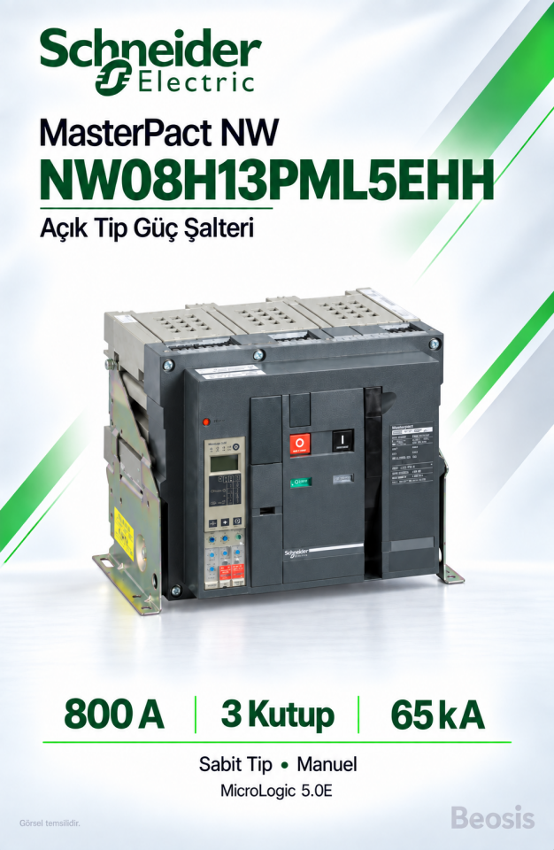 Schneider Electric NW08H13PML5EHH 800A 3P 65kA MasterPact NW Sabit Manuel Açık Tip Şalter MicroLogic 5.0E