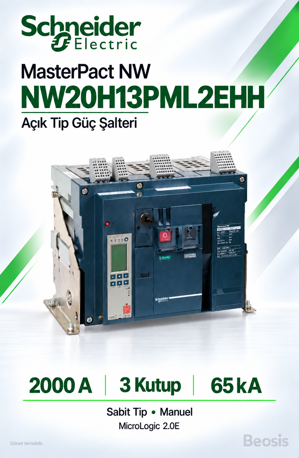 Schneider Electric NW20H13PML2EHH 2000A 3P 65kA MasterPact NW Sabit Manuel Açık Tip Şalter MicroLogic 2.0E