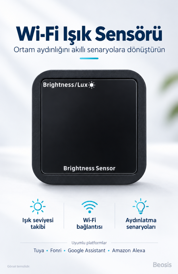 WiFi Akıllı Işık Seviyesi Algılama Sensörü – Siyah (Tuya, Fonri, Google Assistant ve Amazon Alexa Uyumlu)