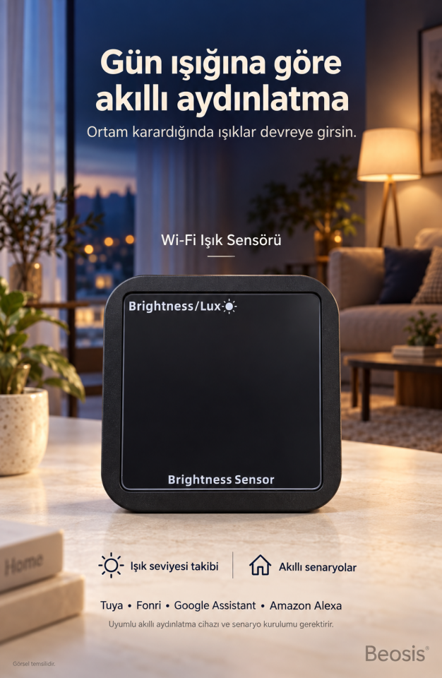 WiFi Akıllı Işık Seviyesi Algılama Sensörü – Siyah (Tuya, Fonri, Google Assistant ve Amazon Alexa Uyumlu)