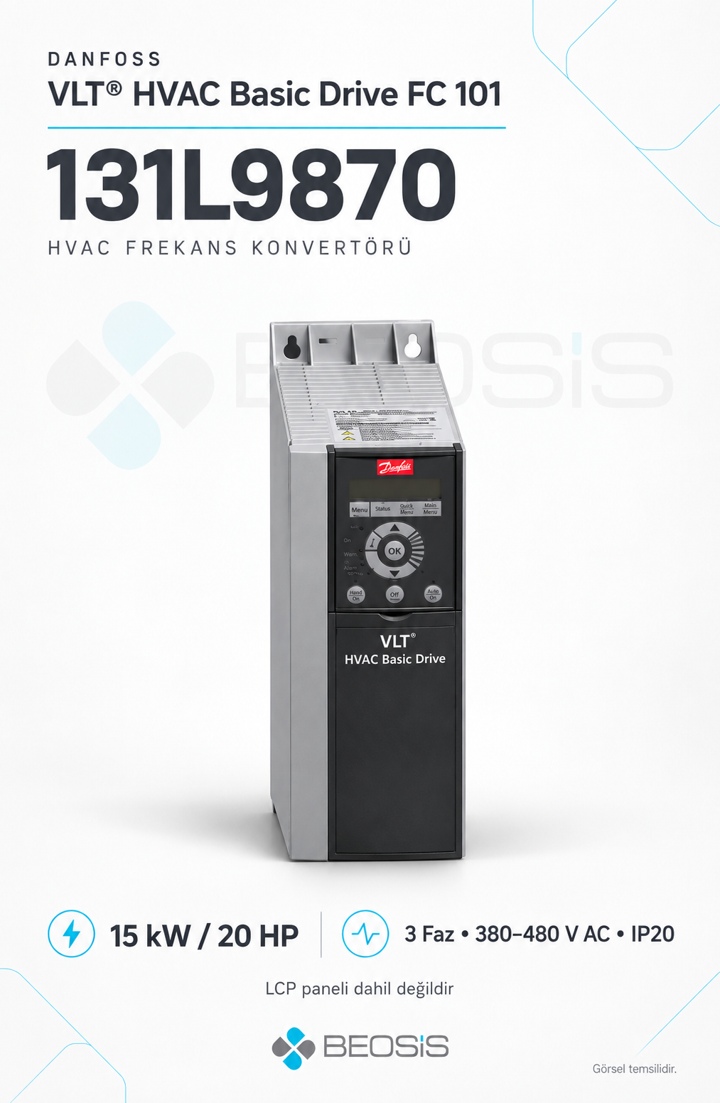 Danfoss 131L9870 VLT HVAC Basic Drive FC 101 15 kW 380–480 V IP20 Motor Hız Kontrol Cihazı – Panelsiz