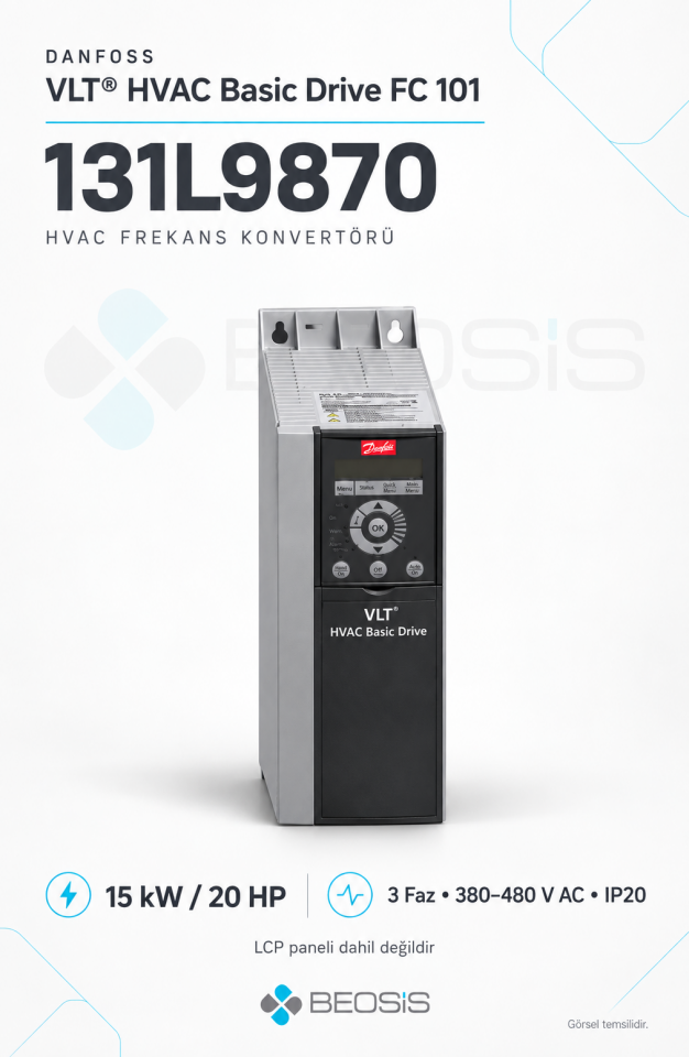 Danfoss 131L9870 VLT HVAC Basic Drive FC 101 15 kW 380–480 V IP20 Motor Hız Kontrol Cihazı – Panelsiz