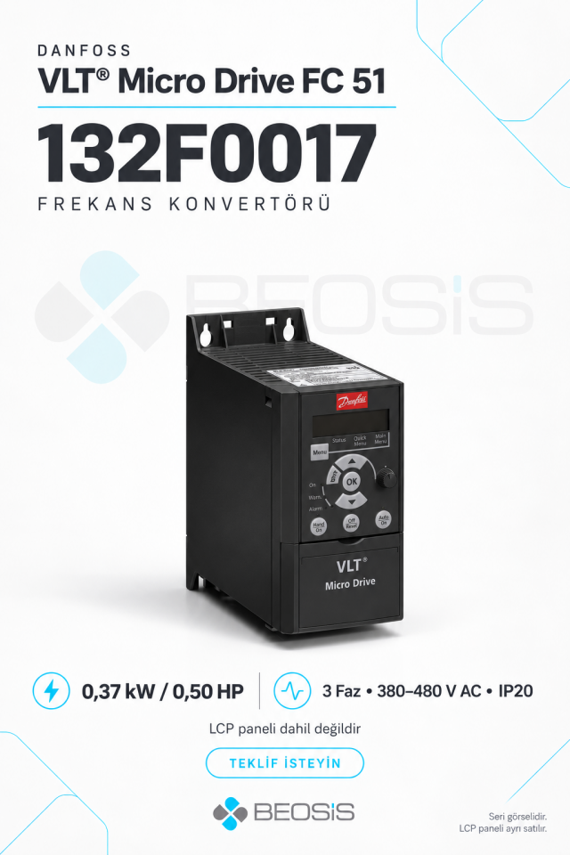 Danfoss 132F0017 VLT Micro Drive FC 51 0,37 kW 380–480 V IP20 Motor Hız Kontrol Cihazı – Panelsiz