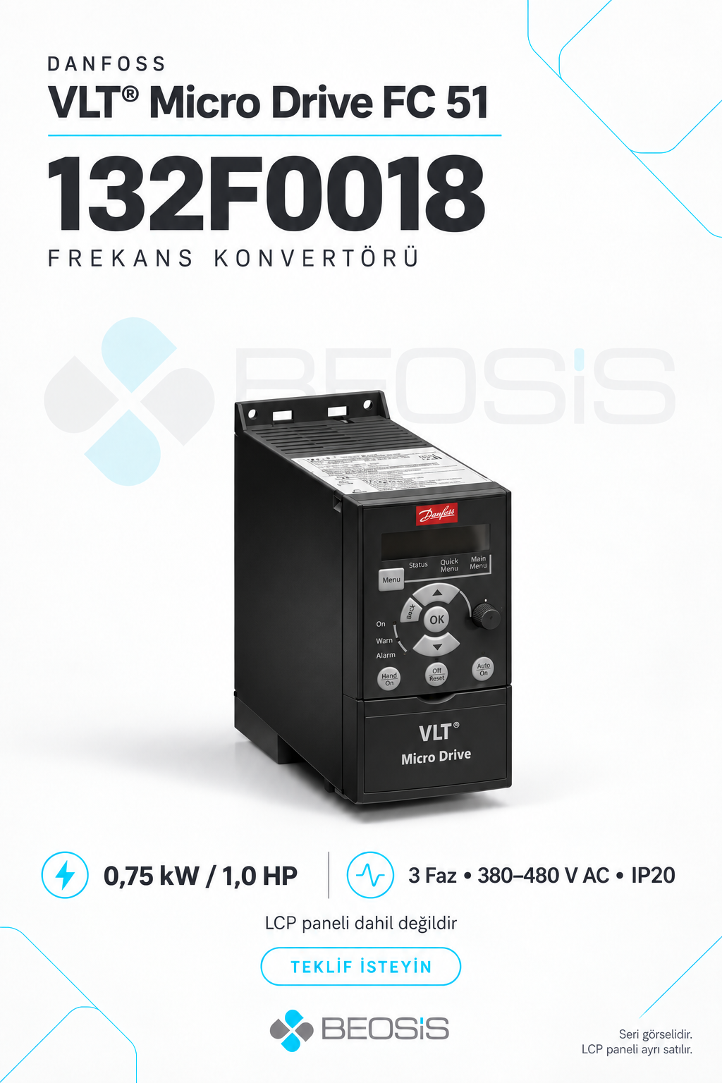 Danfoss 132F0018 VLT Micro Drive FC 51 0,75 kW 380–480 V IP20 Motor Hız Kontrol Cihazı – Panelsiz