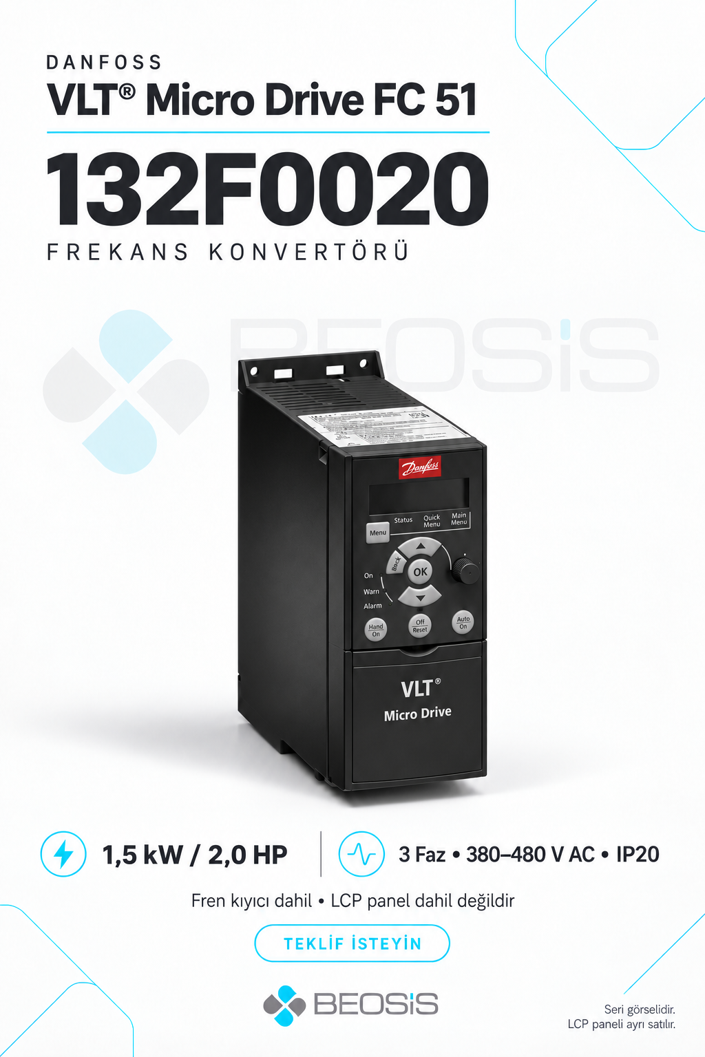 Danfoss 132F0020 VLT Micro Drive FC 51 1,5 kW 380–480 V IP20 Motor Hız Kontrol Cihazı – Panelsiz