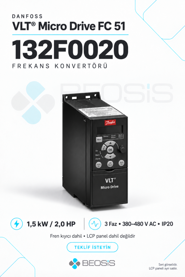 Danfoss 132F0020 VLT Micro Drive FC 51 1,5 kW 380–480 V IP20 Motor Hız Kontrol Cihazı – Panelsiz