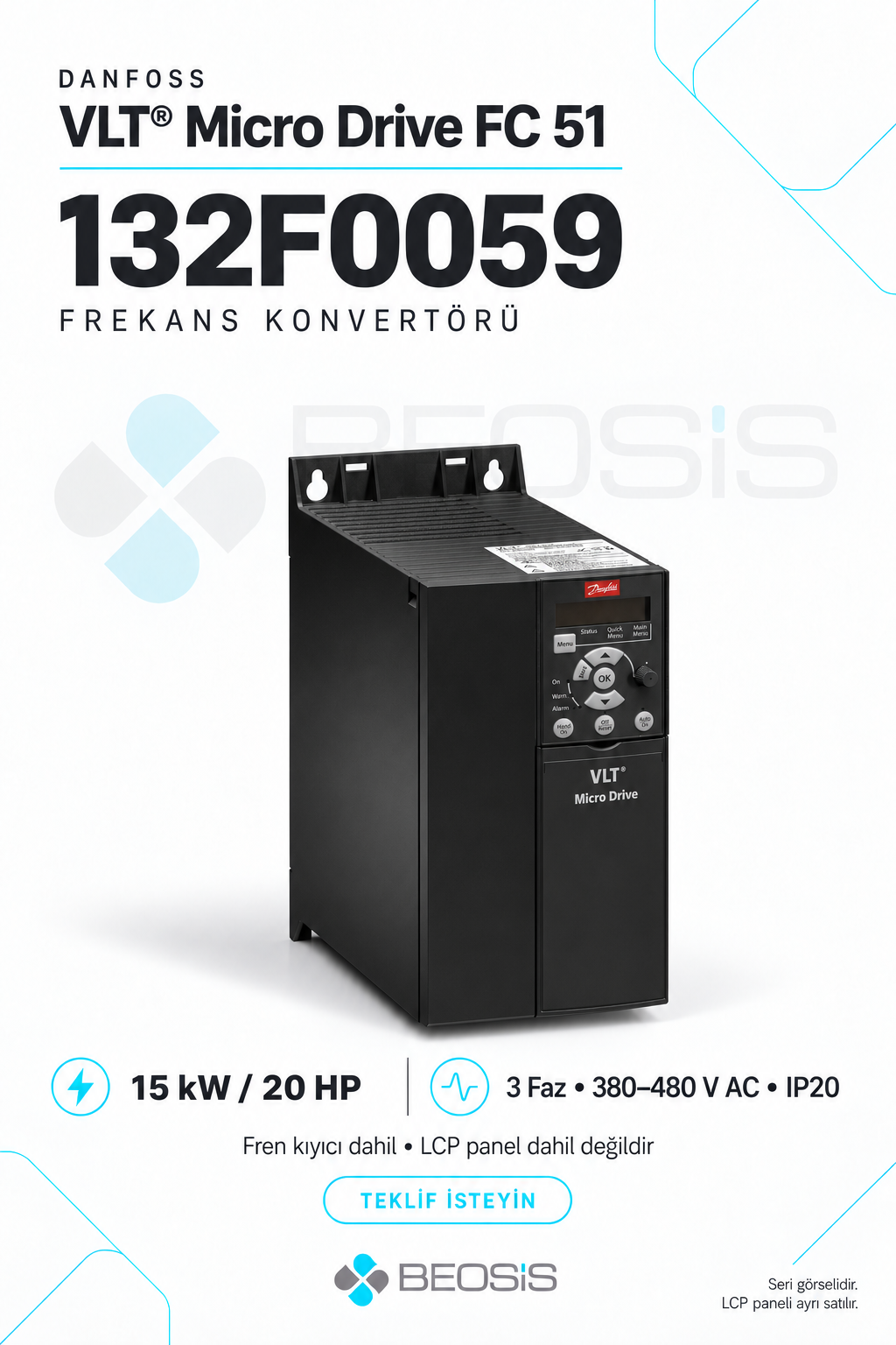 Danfoss 132F0059 VLT Micro Drive FC 51 15 kW 380–480 V IP20 Motor Hız Kontrol Cihazı – Panelsiz