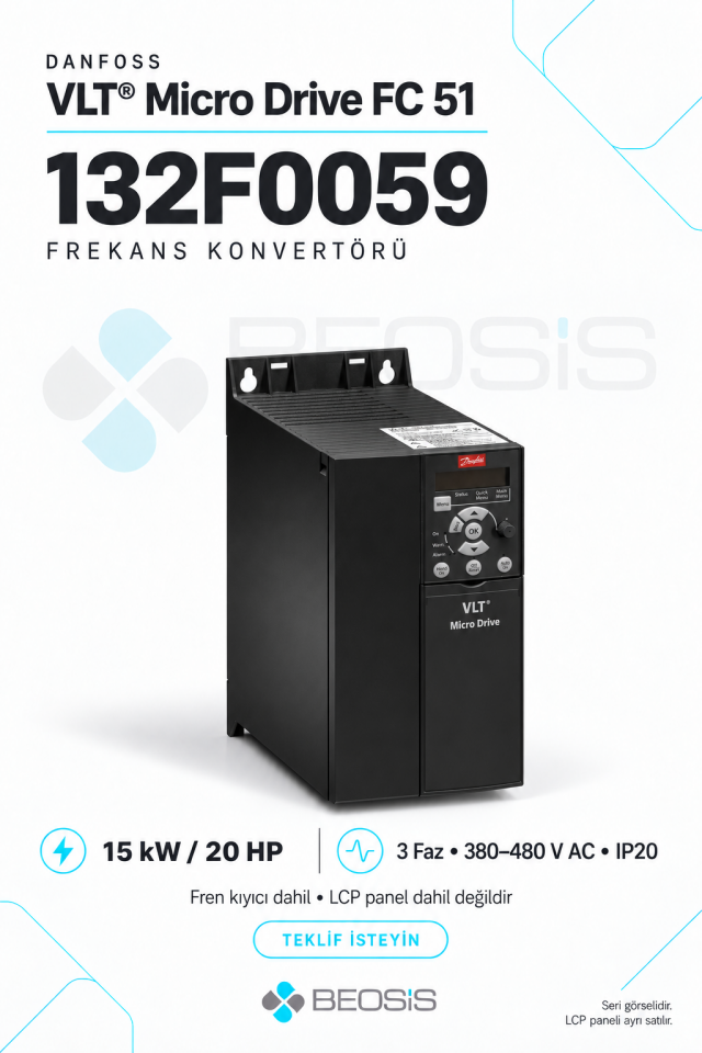 Danfoss 132F0059 VLT Micro Drive FC 51 15 kW 380–480 V IP20 Motor Hız Kontrol Cihazı – Panelsiz