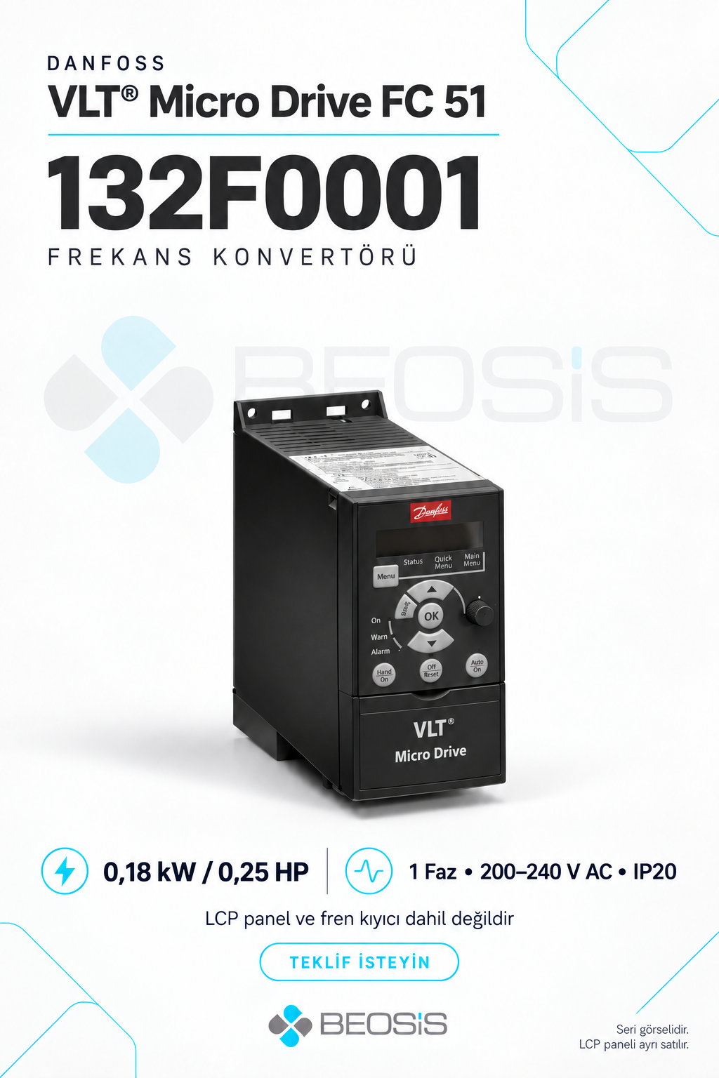 Danfoss 132F0001 VLT Micro Drive FC 51 0,18 kW Monofaz 200–240 V IP20 Motor Hız Kontrol Cihazı – Panelsiz