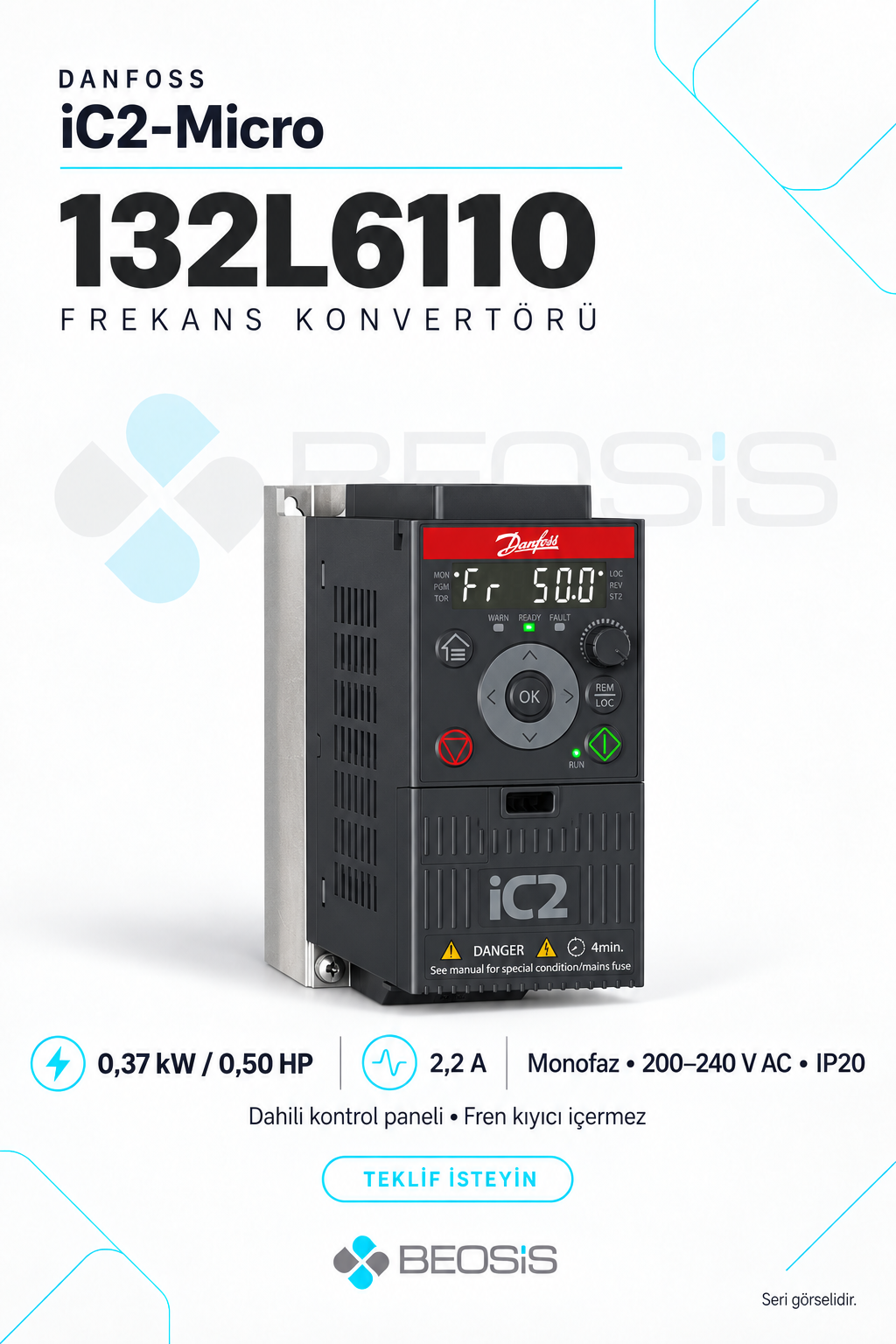 Danfoss 132L6110 iC2-Micro 0,37 kW Monofaz 200–240 V IP20 Dahili Panelli Motor Hız Kontrol Cihazı